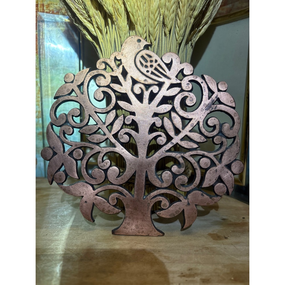 Vintage Copper Tone Tree of Life Metal Trivet Bird Wall Decor 7.75 Inch